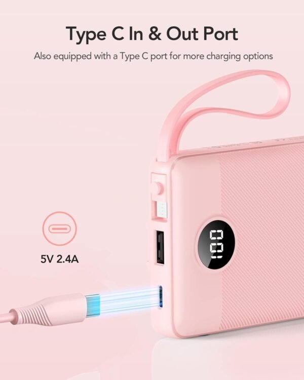 VRURC Portable Charger 10000mAh, Slim LED Display Power Bank, 5 Output 2 Input Cell Phone Battery Pack, Built-in Micro & USB C Cables Phone Charger Compatible with iPhone,Samsung,Android-Pink(1 Pack) - Image 3