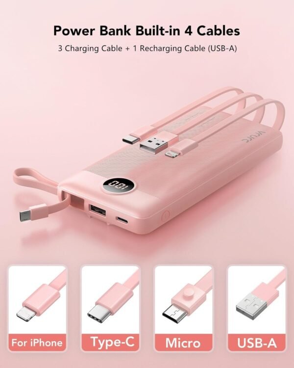 VRURC Portable Charger 10000mAh, Slim LED Display Power Bank, 5 Output 2 Input Cell Phone Battery Pack, Built-in Micro & USB C Cables Phone Charger Compatible with iPhone,Samsung,Android-Pink(1 Pack) - Image 2