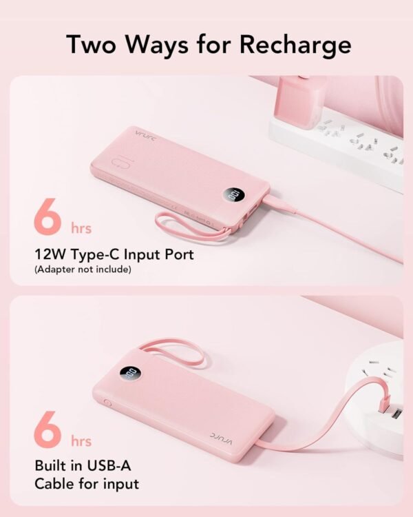 VRURC Portable Charger 10000mAh, Slim LED Display Power Bank, 5 Output 2 Input Cell Phone Battery Pack, Built-in Micro & USB C Cables Phone Charger Compatible with iPhone,Samsung,Android-Pink(1 Pack) - Image 6