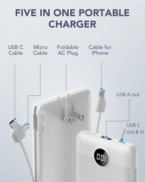 VRURC Portable Charger Built-in Cables and AC Wall Plug, USB C Power Bank 10000mAh, [2023 Upgraded Version] Phone Charger Compact Lightweight External Battery Pack for Smart Phones, Tablets etc-White - Image 3